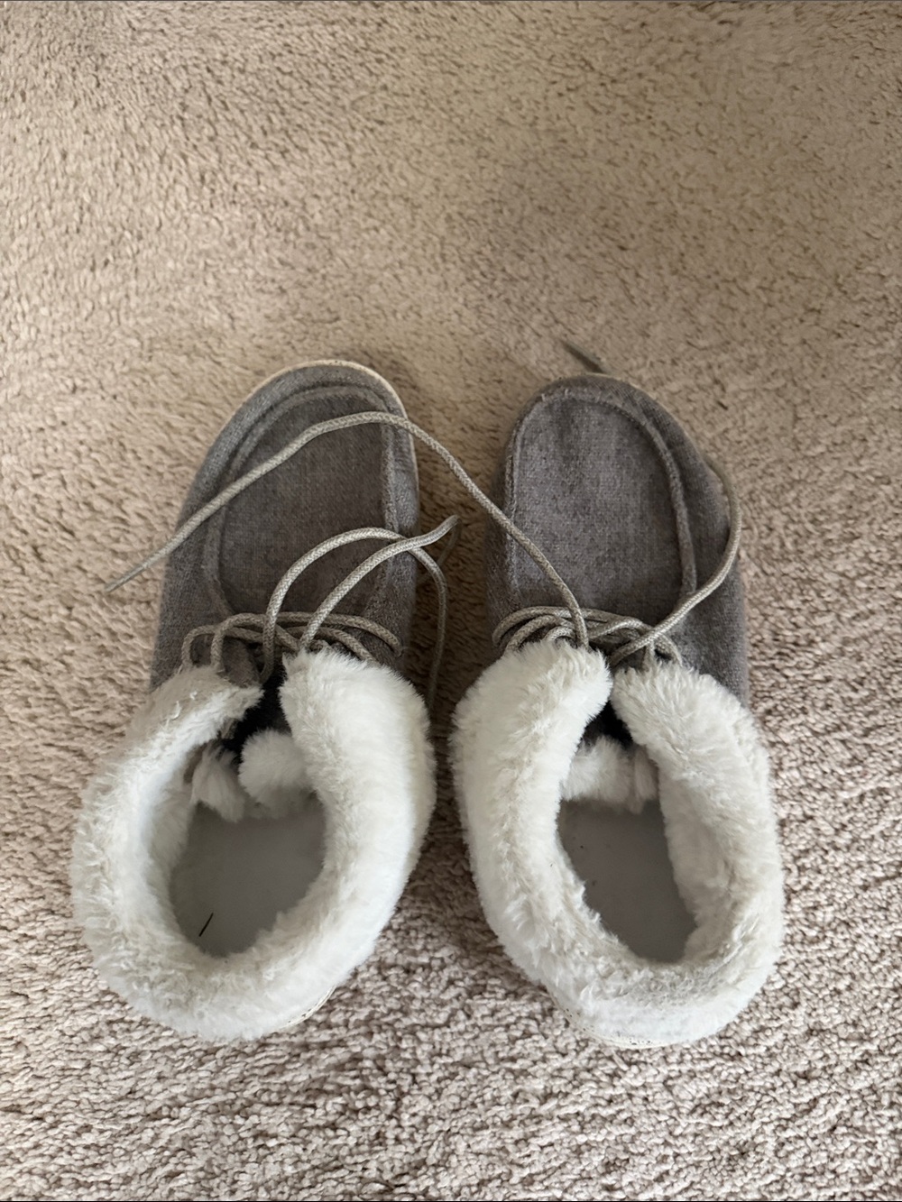 Kids Gray Faux-Shearling Lined Slippers with Laces